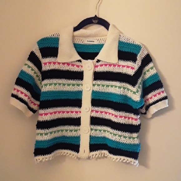 Sandro Sweaters - Sandro Blue and Black Cardigan with Cropped Design and Striped Pattern